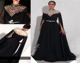 Plus Size Crystals Kaftan Prom Dresses Caped Long Sleeves Yousef Aljasmi High Neck Black Long Chiffon Arabic Formal Evening Gowns2037621