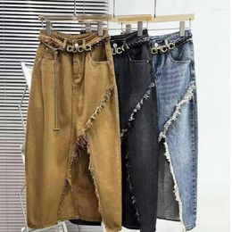 Skirts Casual Jean For Women High Waist Front Slit Denim Loose Fit A-line Fashion Streetwear Without Belt 3 Colours