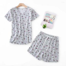 Home Clothing Summer Short Sleeve Pajamas Women's Cartoon Printed Pajama Set With O Neck T-shirt Elastic Waist Shorts For Casual