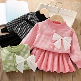 Clothing Sets Baby Girls' Knitted Two Piece Set Round Necked Bow Tie Long Sleeved Princess Skirt Cardigan Jacket Pleated 0-4Y