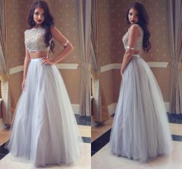 Dresses New Listing Popular Two Pieces Silver Tulle Evening Dress With Jewel Neck Sleeveless Long Party Gowns vestidos