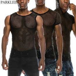 Mens See Through Black Mesh Fishnet Tanks Top Sexy Perspective Sleeveless Fitted Muscle Top Male Bodybuilding Top Tees240402