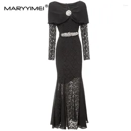 Casual Dresses MARYYIMEI Fashion Women's 2024 Spring V-Neck Long-Sleeved Light Luxury Lace Patchwork Lace-Up Cloak Hip Wrap Fishtail Dress