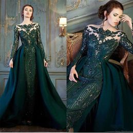 Modest Emerald Hunter Green Long Sleeve Evening Dresses With Detachable Train 2018 Luxury Lace Beaded Mermaid Prom Gowns4218055