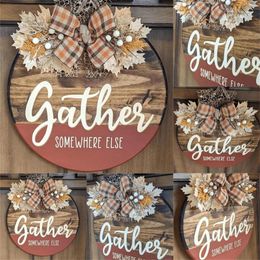 Decorative Flowers Wooden Door Sign Hanging Decorations Home Wall Wreath Bow Letter Circular Decoration