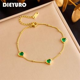 Link Bracelets DIEYURO 316L Stainless Steel Heart Shaped Green Crystal Bracelet For Women Girl Fashion Wrist Chain Jewelry Lady Gift Party