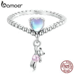 Rings Bamoer 925 Sterling Silver Mini Bear Balloon Open Link Rings for Women Colorful Stone Pendant Adjustable Size Ring Jewelry Gifts