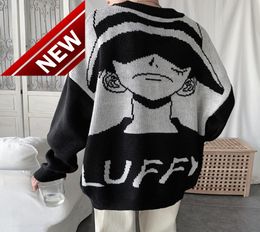 Japan Anime One Piece Sweater Cartoon luffy knitwear Cute Fashion Tops Pullovers Black White7122347