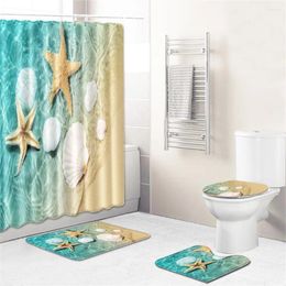 Shower Curtains Starfish Shell Beach Bathroom Curtain Set Carpet Floor Mat Blue Sea View Home Decor