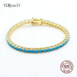 Bangles Pure Silver 1521 cm Tennis Bracelet Pave 3 mm Turquoise Blue Stone Rhodium/Gold Plated Real 925 Jewellery For Women/Men