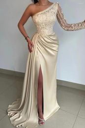 Party Dresses Ivory Floral One Shoulder Prom Beading Mermaid Appliques Evening Dress Backless Buttons Long Sleeves Vestido De Novia 3D