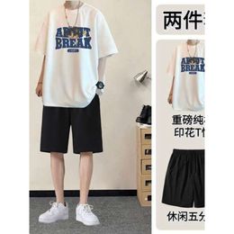 Summer Printed Quarter T-shirt Two-piece for Men Short Sleeves, Loose and Handsome, Paired with Trendy Casual Shorts Set