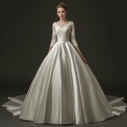 Dresses 2019 New Ball Gown Satin Lace Modest Wedding Dresses With 3/4 Sleeves V Neck Corset Back LDS Bridal Gowns Vintage Couture Custom M