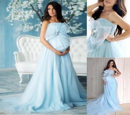 Strapless Light Sky Blue Maternity Dresses Evening Gowns Custom Made Tulle Long Sweep Train Pography Dress Pregnant Women Prom 3475746