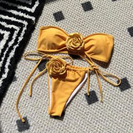 Women's Swimwear Bikini Set With Flower Decoration Floral Bandeau Lace-up Swim Briefs Solid Color Swimsuit Beachwear