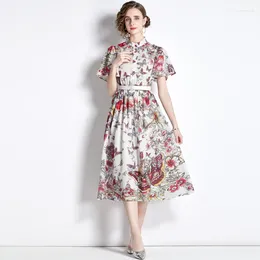 Party Dresses Women's Runway Midi Dress Elegant Designer Stand Collar Summer Bat Sleeve Butterflies Elastic Waist Floral Print