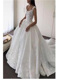 New Design Ball Gown Luxury Princess Wedding Dresses V Neck Princess Open Back Bridal Romantic Custom Made Lace Satin 7012121