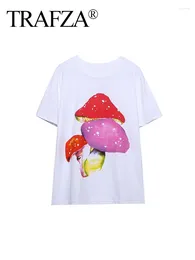 Women's T Shirts TRAFZA 2024 Spring Fashion T-Shirts For Women Mushroom Pattern Print Short Sleeves Round Neck Female Versatile Basic White