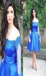 2019 Popular Short Blue Homecoming Dress Long Sleeve Off Shoulder Lace Satin Knee Length Girls Prom party Gowns Custom Made1797719