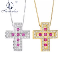 Necklaces Slovecabin Japanese Famous 925 Sterling Silver Red Blue Zircon Double Cross Silver Gold Color Men Women Pendant Cross Necklace