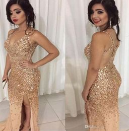 2020 Sexy Cheap Bling Gold Shinny Prom Dresses Mermaid Sexy V Neck Illusion Crystal Beaded Side Split Evening Dresses Formal Party3679065