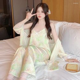 Women's Sleepwear Three Piece Tie-Dye Printed Satin Pyjamas Set Women Lace Trim Kimono Bathrobe Pijamas Suit Spring Home Clothes