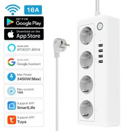 Plugs Tuya Wifi Smart Power Strip Plug 4 Eu Socket Outlets with 4 Usb Port Timing Voice Control Works with Alexa Google Assistant