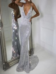 Luxury Backless Mermaid Evening Dresses Ellie Saab Sleeveless Sweep Train Prom Dresses Sparkly Sequins Dubai Celebrity Party Prom 2533107