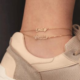 Anklets Wholesale Nameplate Anklets Personalized Custom Old English Letter Name Gold Plated Foot Jewelry Stainless Steel Ankle Bracelets