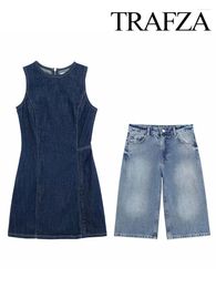 Women's Tracksuits TRAFZA 2024 Summer Denim 2 Piec Suit For Women Sleeveless Short Dress Versatile Knee Length Wide Leg Pant Trendy