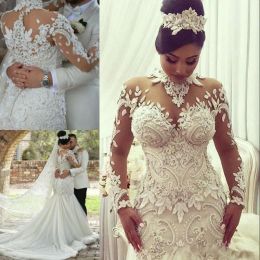 Dresses 2020 Modern High Neck Wedding Dresses Sheer Long Sleeves Mermaid Applique Beads Plus Size Bridal Gowns Nigerian Wedding Dress