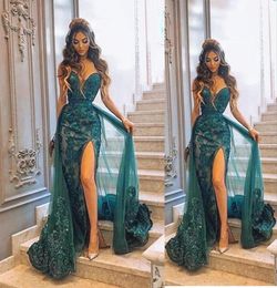2023 Sexy Dark Green Charming Mermaid Prom Dresses Sweetheart Side Split Evening Gowns Overskirts With Detachable Train Lace Appli6830142