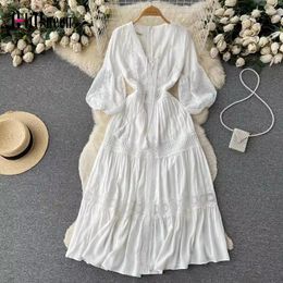 Casual Dresses Women White Sexy Hollow Out Lace Patchwork Maxi V Neck Up Lantern Sleeve Holiday Beach Dress Spring Summer