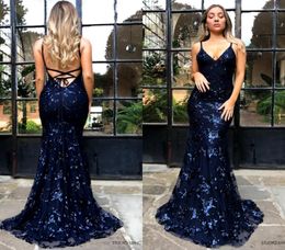 Deep V Neck Sequined Navy Blue Prom Dresses 2019 Halter Spaghetti Straps Mermaid Long Evening Gowns Backless Party Dress BA91643299578