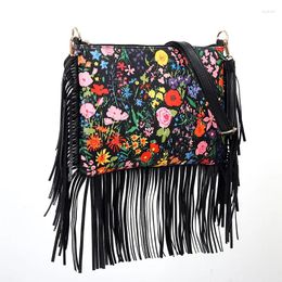 Evening Bags Tassel Soft Leather Shoulder Floral Print Boho Handbags Western Style Purses For Women Crossbody With Fringe