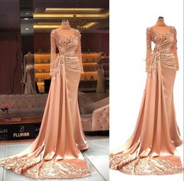 2022 Sexy Blush Pink Prom Dresses High Neck Illusion Lace Crystal Beading Long Sleeves Open Back Evening Dress Party Pageant Forma8923878