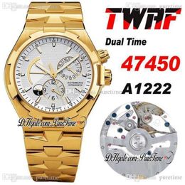 TWAF Overseas Dual Time 47450 A1222 Automatic Mens Watch 18K Yellow Gold Power Reserve Silver Dial Stick Stainless Steel Bracelet 8152020