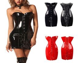 Women PU Leather Corset Gothic Sexy Dress Shiny PVC Leather Boned Bustier Top Lace Clubwear Corselet BlackRed2582319