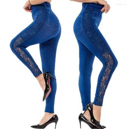 Women's Leggings See-Through Lace High Waist Imitation Denim Legging Women Elastic Jeggings Printing Casual Trousers Pencil Pants