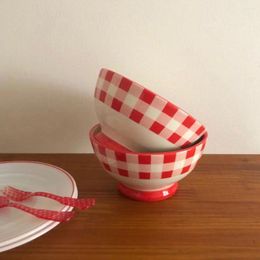 Bowls Korean INS Same Vintage Red Chequered Bowl Ceramic Rice One Person Tableware Oatmeal Breakfast