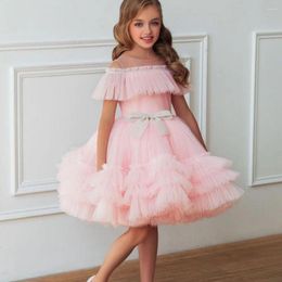 Girl Dresses Cute Sheer Sleeves Pink Kid's Party Dress A-line Tiered Tulle Knee Length Flower With Bow Junior Bridesmaid Wear