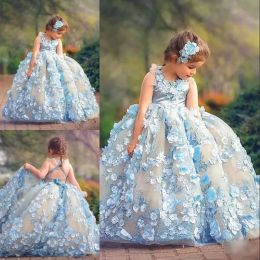 Dresses SkyBlue Toddler Girls Pageant Dresses Jewel Neck Sleeveless Fluffy Girls Pageant Dresses Fairy 3D Floral Appliques Flower Girl Dr