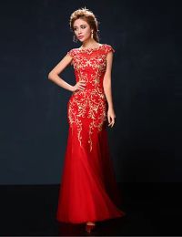 Dresses 2016 High Quality Cheap Free Shipping Prom Dresses Ruby Trumpet/Mermaid Jewel Embroidery Floorlength Tulle Women Evening Dresses