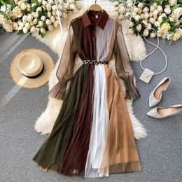 Casual Dresses FTLZZ Spring Autumn Women Vintage Notched Collar Single Breasted Long Dress Puff Sleeve Mesh Patchwork Fairy