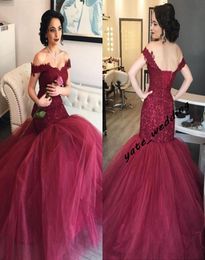 Elegant Off Shoulder Dark Red Mermaid Evening Dresses Appliques Lace Satin Tulle Corset Burgundy Prom Dresses Formal Gowns2106060