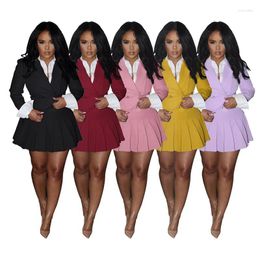 Work Dresses Spring Ladies Workplace Fresh 2-piece Suit Solid Color Mini Pleated A-line Skirt & Patchwork Long-sleeved Top