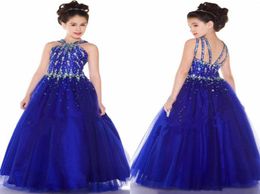 2019 Tulle Royal Blue Princess Girl039s Pageant Dresses with Beaded Rhinestone Backless Flower Girls039 Dress Party1114683