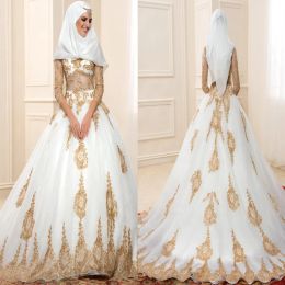 Dresses Gold Lace Muslim Wedding Dresses With Long Sleeves See Through Ball Gown Hijab Wedding Dress Custom Made Plus Size Bridal Gowns