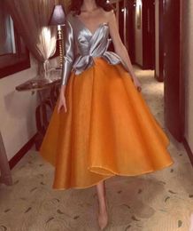 Modest 2017 Grey One Shoulder Long Sleeve Top Orange Organza Tea Length Prom Dresses Formal Dresses Party Evening Wear Custom EN128262184