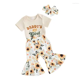 Clothing Sets Baby Girls Pants Outfits Letter Print Short Sleeve Romper With Sunflower Pattern Flare Trousers And Heaband 3 Pcs Set